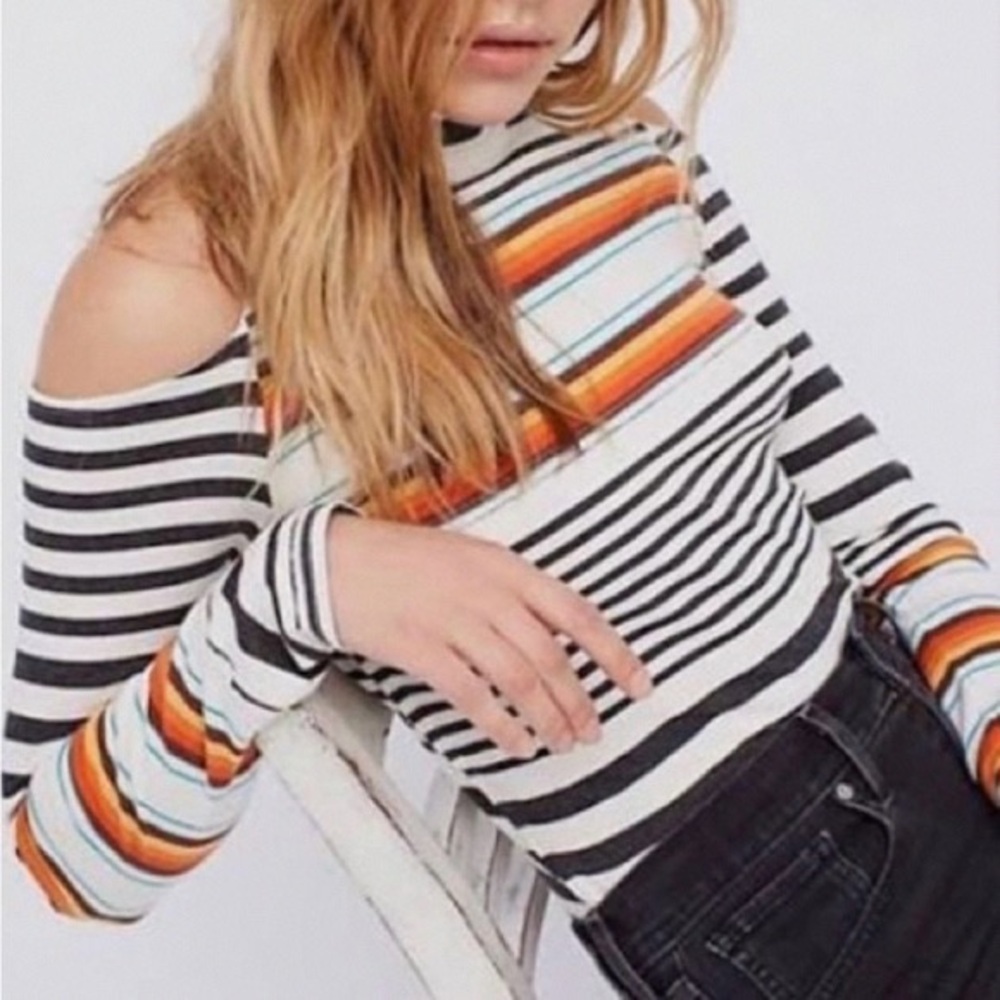 Free People Black, White & Teal Striped Crewneck Top